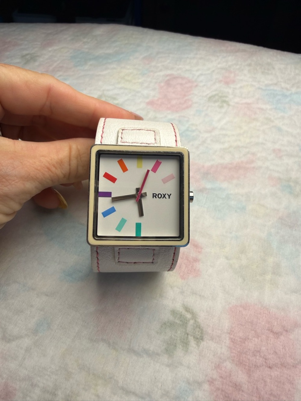Roxy White Square Watch with Rainbow Markers